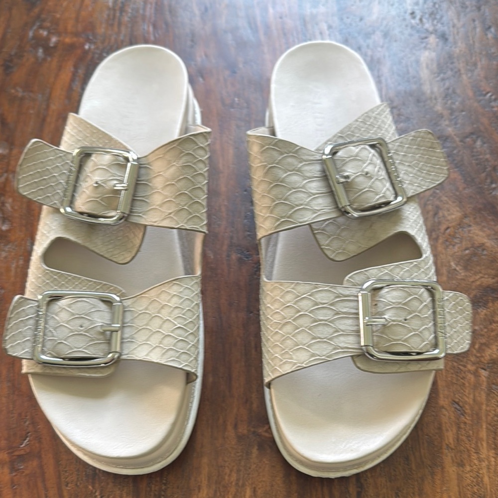 J Slides Cream Double Buckle Sandals